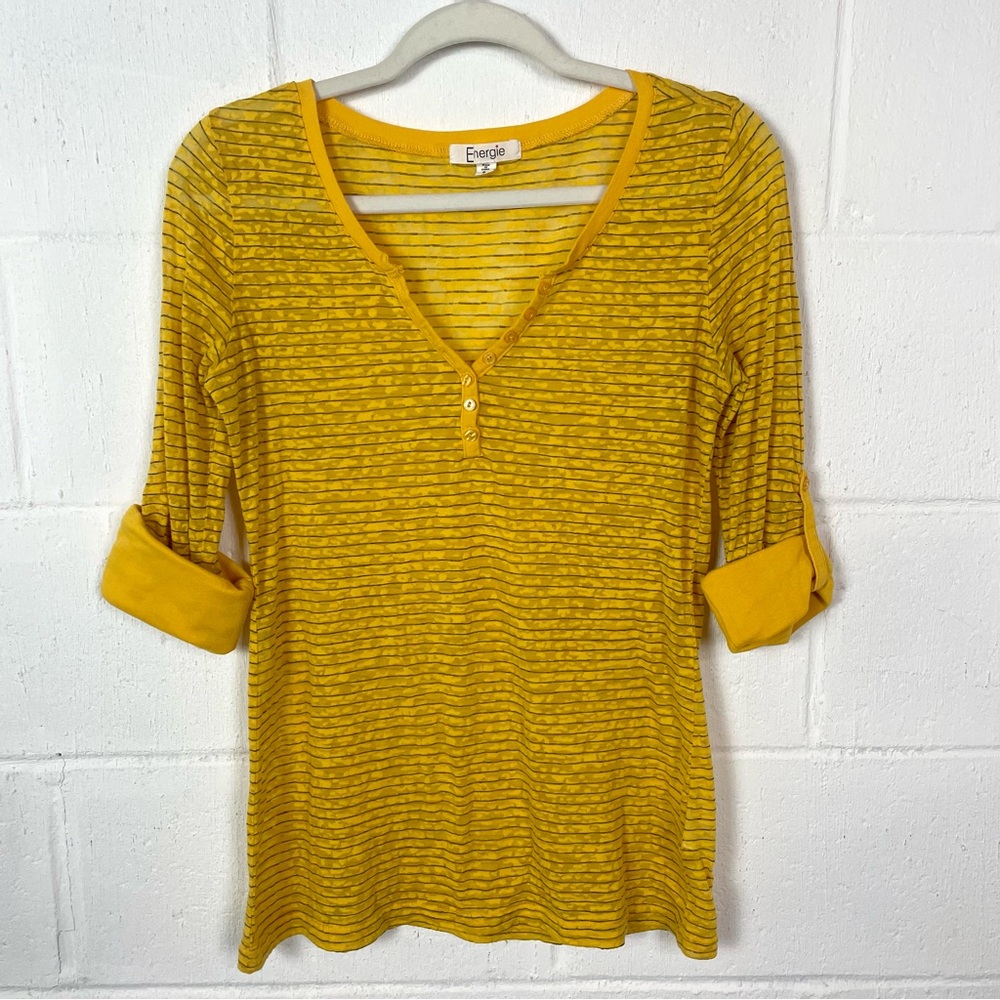 Energie Fitted Y2K Top Deep V-Neck Sheer Yellow Camo Roll Tab Sleeves Preppy‎ L